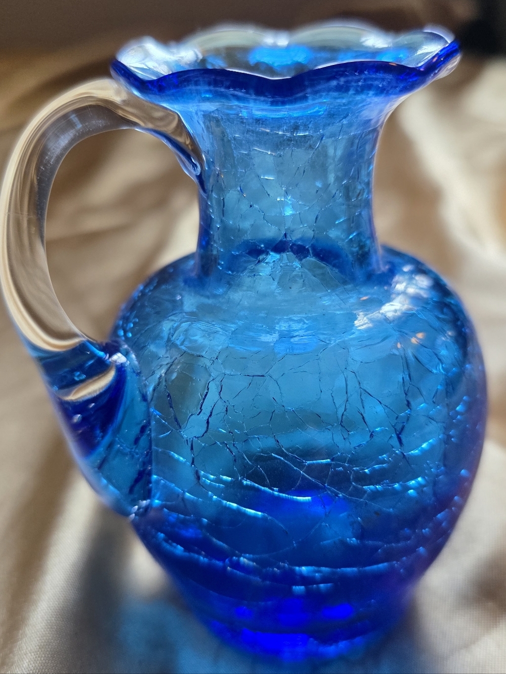 Small Vintage Hand-Blown Cobalt Blue Crackle Glass Pitcher Vase - Picture 8 of 10